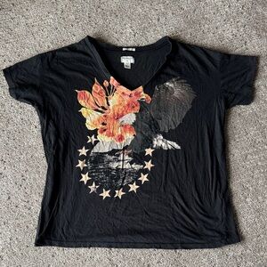 Ralph Lauren Denim & Supply Black V-Neck Tee with Floral and Eagle Graphic